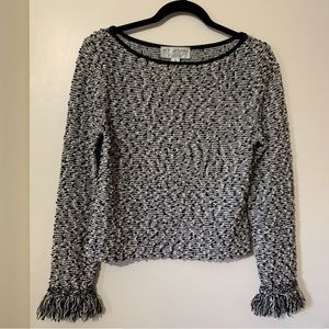 St John Collection Black/White Fringe Tweed Textured Pullover Top